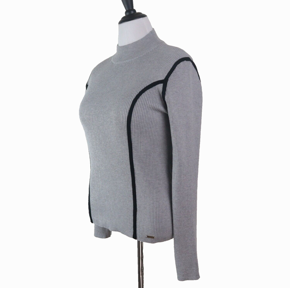 Tahari Size L Mock Neck Ribbed Knit Sweater Pullover Gray Black Stripe